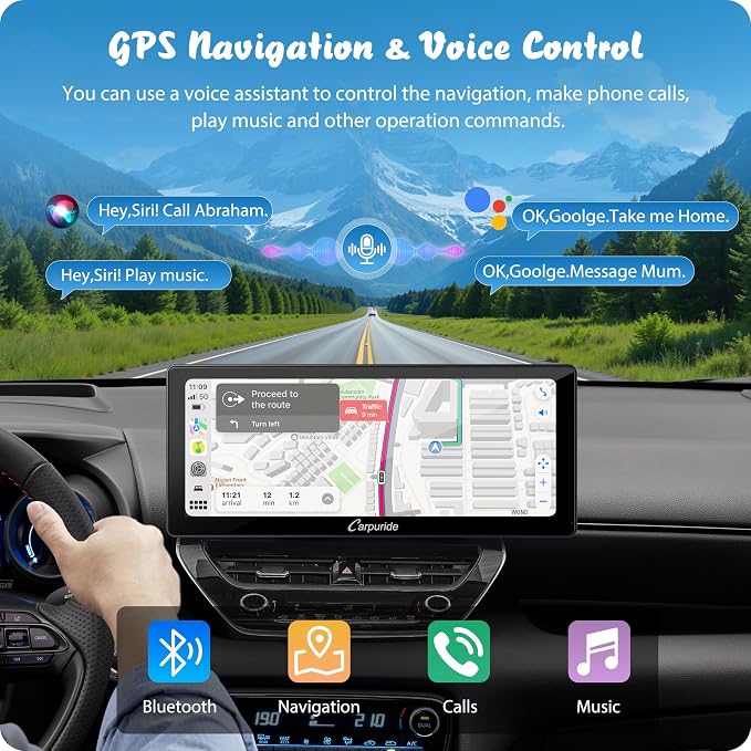 Carpuride W103 Pro with Wireless Bluetooth Transmission Portable Carplay & Android Auto Car Stereo, 10.3 inch 1080P Touch Screen, Mirror Link/GPS/Siri/FM, with 3 Bracket，Dual BT