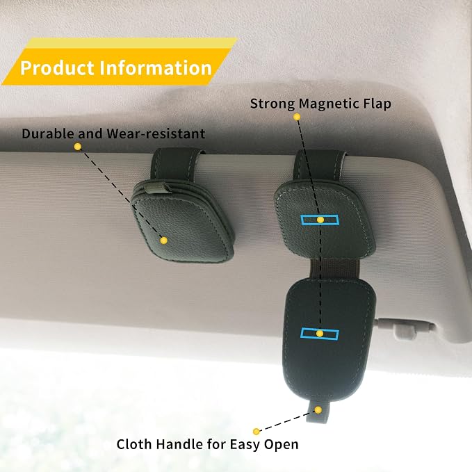 Magnetic Leather Sunglasses Holder for Car, 2 Packs (Green) | Magnetic Car Visor Accessories