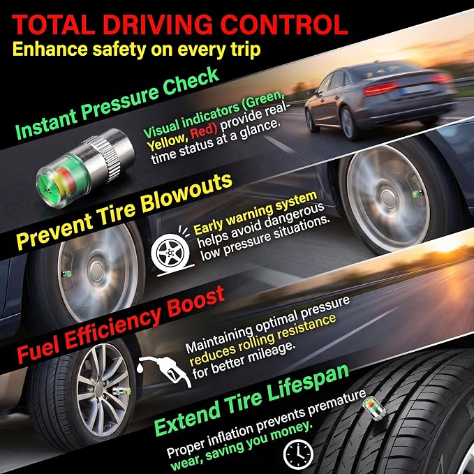 4Pcs 36 PSI Car Tire Pressure Monitor Valve Stem Caps, Easy to Read 3 Color Eye Alert Sensor Indicator for Pre-Drive Check Road Safety
