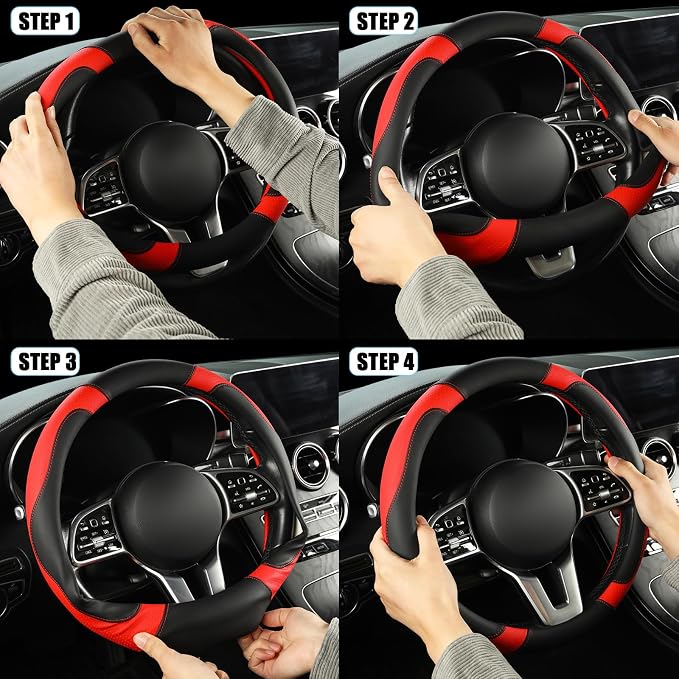 Black Red Microfiber Leather Steering Wheel Cover 14 inch | Breathable Anti Slip Grip Cool Sporty Look Glow for Women Men