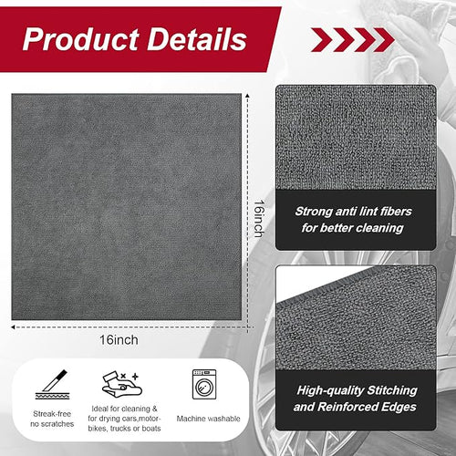16 Pcs Microfiber Cleaning Cloth 16x16 Inch Microfiber Towels for Car Ultra Absorbent Cleaning Rags Reusable Lint Free Streak Free Detailing Towel for Car Washing Drying Dusting (Gray)