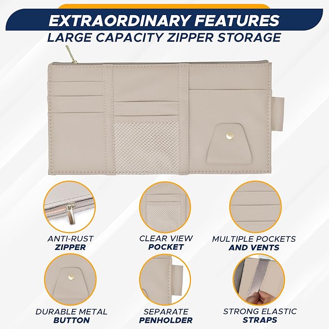 Car Sun Visor Organizer (Beige) | Multi-Pocket Net Zipper Case for Cash, Card, Pen & Sunglass | Visor Organizer Storage Pouch | Interior Accessories with Pocket for Car & Truck | Small