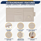 Car Sun Visor Organizer (Beige) | Multi-Pocket Net Zipper Case for Cash, Card, Pen & Sunglass | Visor Organizer Storage Pouch | Interior Accessories with Pocket for Car & Truck | Small