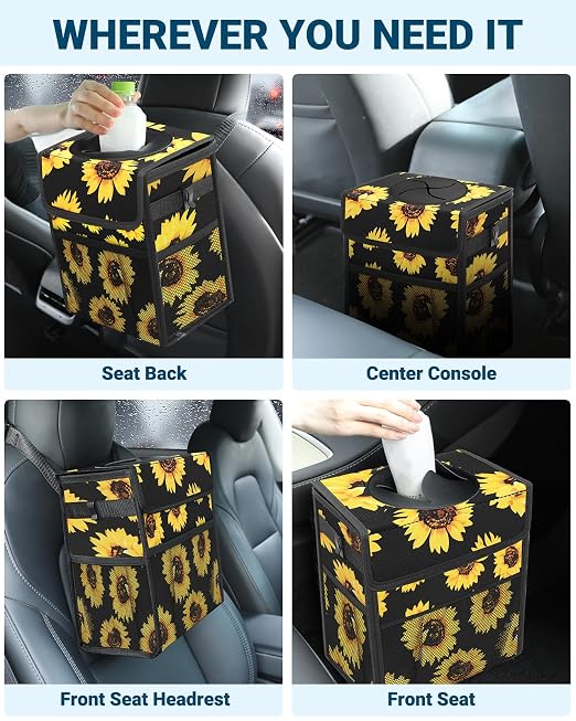 Car Trash Can with Lid, Leakproof Car Trash Bag Hanging Waterproof Automotive Garbage Can with Storage Pockets Mini Vehicle Trash Bin for Back/Front Seat(Sunflower,3 Gallon)
