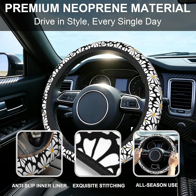 Daisy Steering Wheel Cover for Women Girly,White Daisy Flower 15 Inch Non-Slip Breathable Neoprene Steering Wheel Cover Fit Auto,SUVs,Includes 2 PCS Cup Coasters