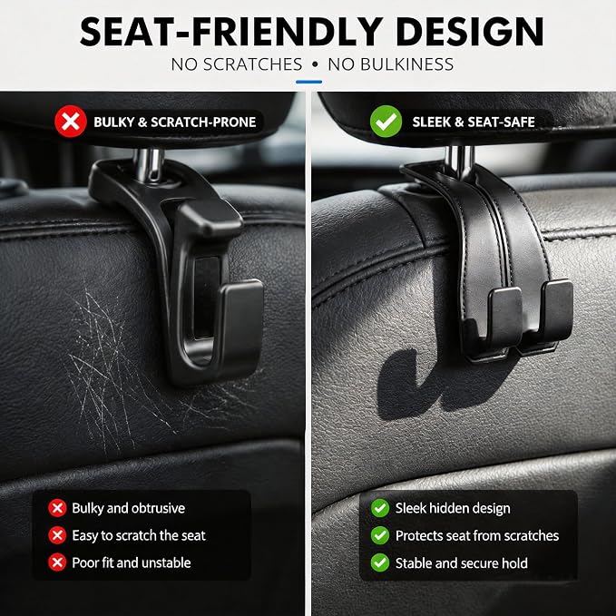 Car Headrest Hooks, 4 Pack 360° Rotating Double Hooks with Leather-Wrapped Metal Core, Heavy Duty Seat Back Purse Holder for Handbags, Grocery Bags and Backpacks, Black