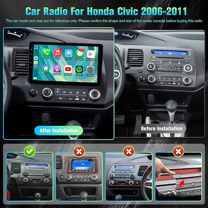 8-Core 4+64GB Upgrade Car Radio for Honda Civic 2006 2007 2008 2009 2010 2011 Stereo with Carplay Android Auto, 10.1" Touch Screen for Civic with GPS/WiFi/BT/FM/SWC + MIC + Backup Camera