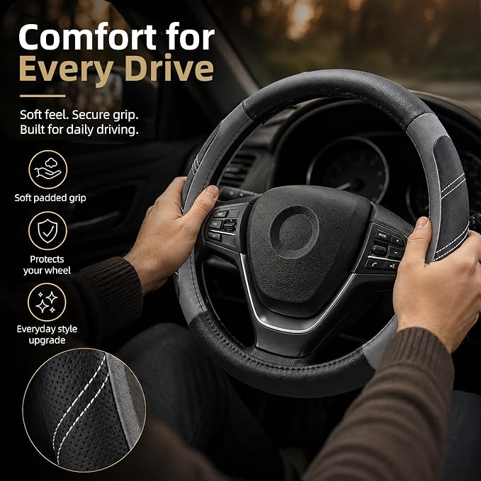 Leather Large Steering Wheel Cover 14 1/2 inch to 15 inch Universal, Soft Grip Breathable for Car Truck SUV Jeep Anti Slip Gray