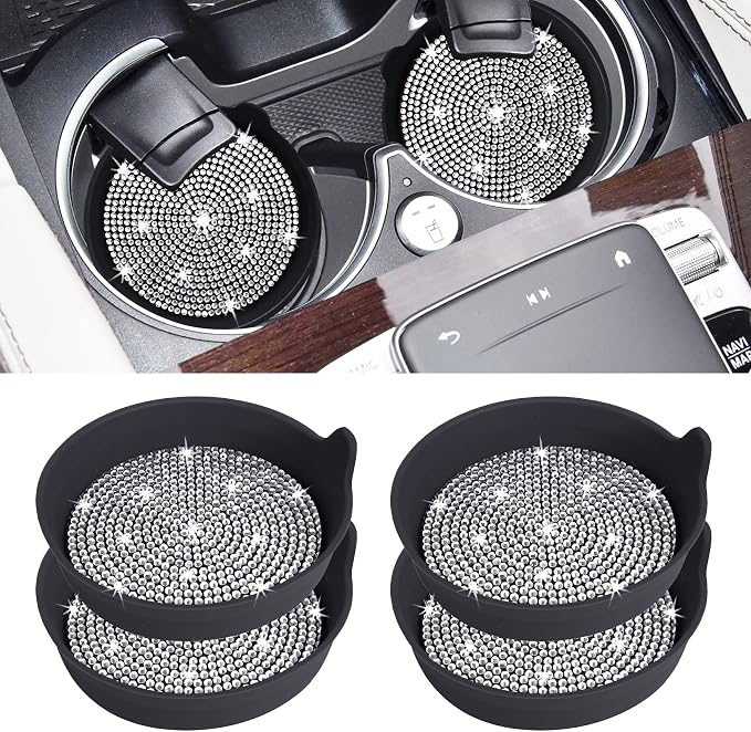 Car Cup Coaster Universal Non-Slip Cup Holders Bling Crystal Rhinestone Car Interior Accessories 4 Pack Black Whole Rhinestone