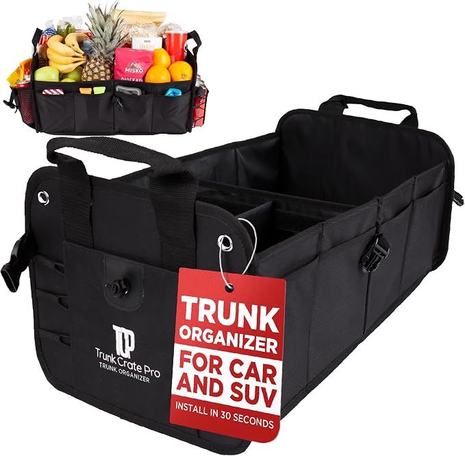 Car Organizers and Storage Premium Adjustable Multi Compartments Car Storage Organizer | Portable and Foldable SUV Trunk Organizer for Car (Standard Size, 20.86"L x 13.4"W x 10"H )-Black