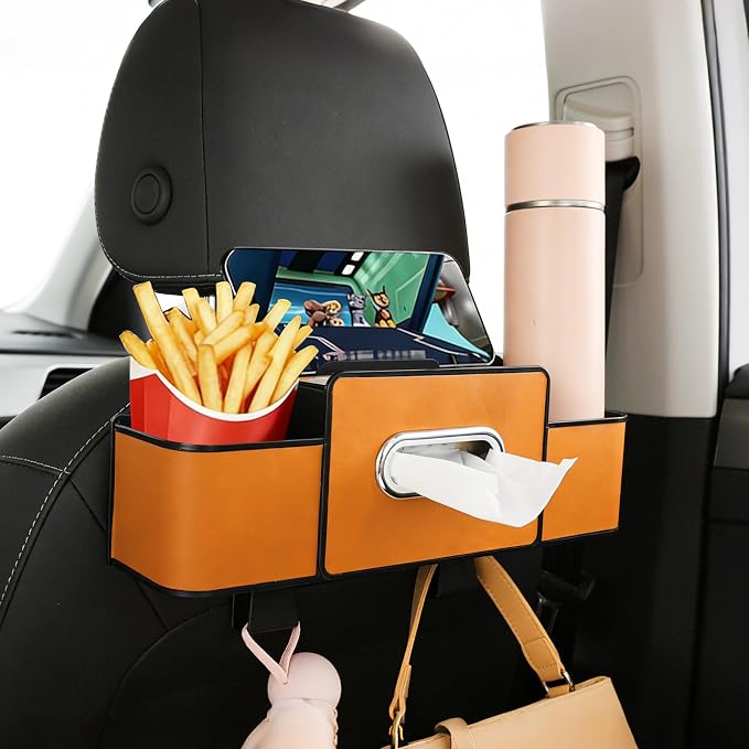 Back Seat Car Organizer, 4+2 in 1 Multifunctional Car Backseat Storage Box with 5 Cup Holders Tissue Box Hook, Car Interior Storage for Travel Phones Snacks Drinks(Orange)