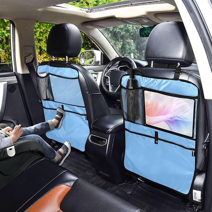 Lake Blue Car Seat Organizer for Kids Backseat Kick Mat with Adjustable Strap Back Seat Protector for SUV Cars Vehicle 2 Pcs