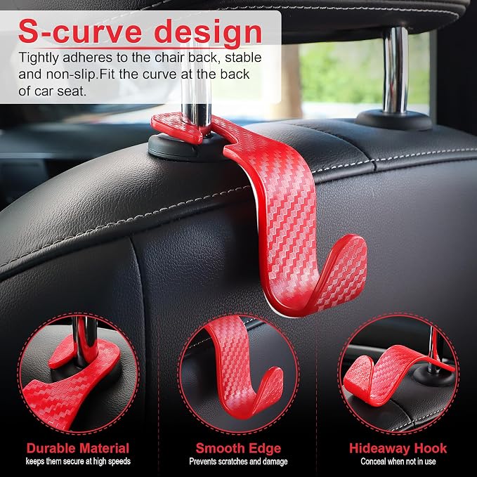 Car Purse Hook, Headrest Hook for Car, 4 Pack Universal Auto Car Seat Headrest Hook Hangers Organizer for Purse Coat Umbrellas Grocery Bags Handbag, Car Accessories - Carbon Fiber Red