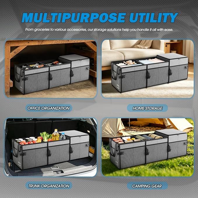 Trunk Organizer for SUV, Large Capacity Car Organizer and Storage with 5 Compartment and 1 Cover, Foldable Trunk Organizer for Car, 90L Grey