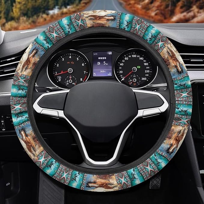 Car Steering Wheel Cover Universal 15 Inch Steering Wheel Wrap Anti-Slip Soft Elastic Decorative Auto Accessories All Weather Protection, Aztec Running Horse Teal
