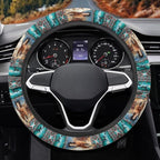 Car Steering Wheel Cover Universal 15 Inch Steering Wheel Wrap Anti-Slip Soft Elastic Decorative Auto Accessories All Weather Protection, Aztec Running Horse Teal