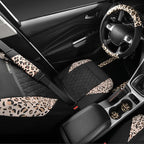 Leopard Print Faux Leather Car Seat Covers & Leopard Car Mats&Leopard Steering Wheel Cover Seat Belt Pad Universal Car Accessories for SUV,Van,Saden,Truck Automobile Interior Sets