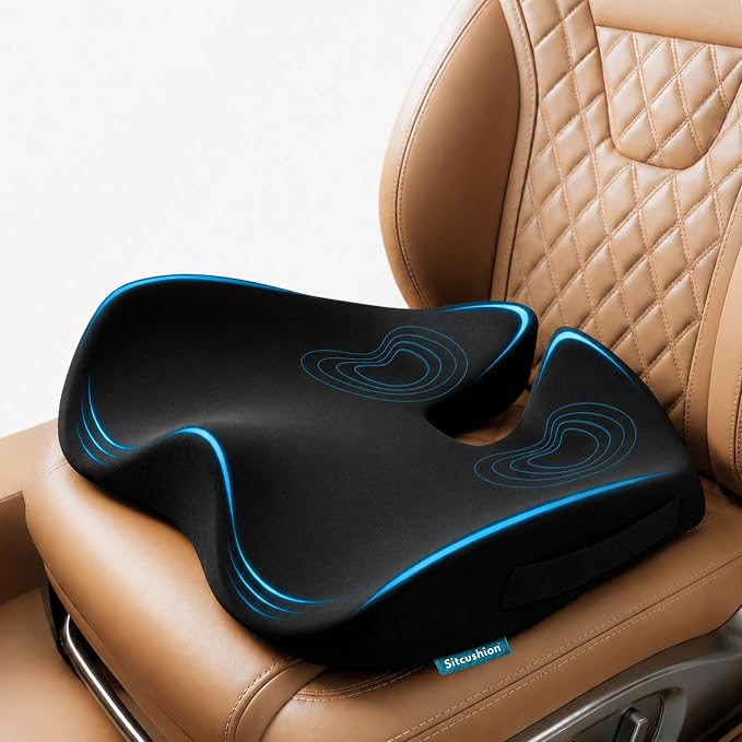 Car Seat Cushion for Long Driving – X Large Memory Foam Seat Cushion for Sciatica & Tailbone Pain Relief, Orthopedic Coccyx Cushion with Non-Slip Bottom, Back Pillow for Car, Truck (Black)