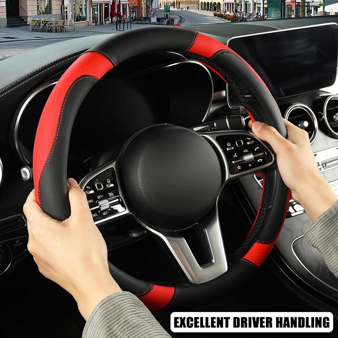 Black Red Breathable Microfiber Leather Steering Wheel Cover | Breathable Anti Slip Grip Cool Sporty Look Glow for Women Men