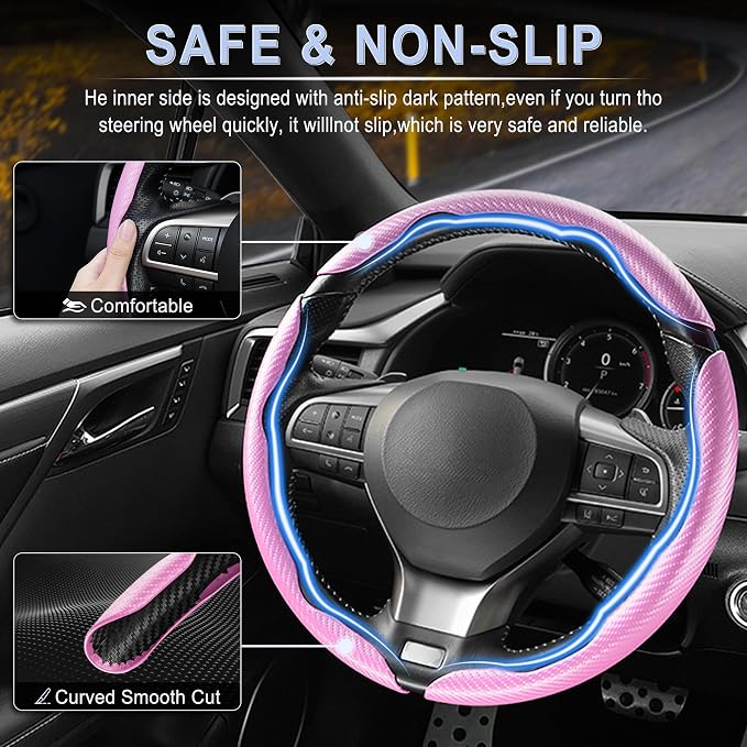 3pcs Carbon Fiber Anti-Skid Steering Wheel Cover, Waterproof & Segmented Butterfly Design, Universal 99% Vehicle Wheel Cover Protector, Car Interior Accessories (Pink-3pcs)