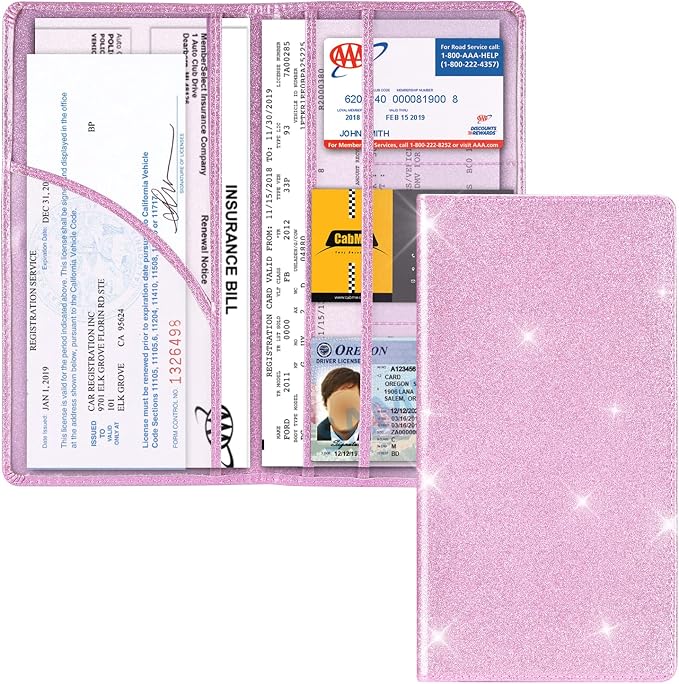 Car Registration and Insurance Holder, Car Accessories Vehicle Glove Box Car Organizer Men Women Wallet Case with Magnetic Shut for Cards, Essential Document, Driver License, Bling Pink