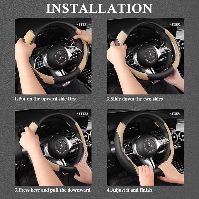 Faux Leather Steering Wheel Cover and Waterproof Car Floor Mats,Universal Car Combo Fit for 95% Sedan,SUV,Cars,14.5-15inch Sporty Anti-Slip Safety Comfortable Design(Black＆Beige)