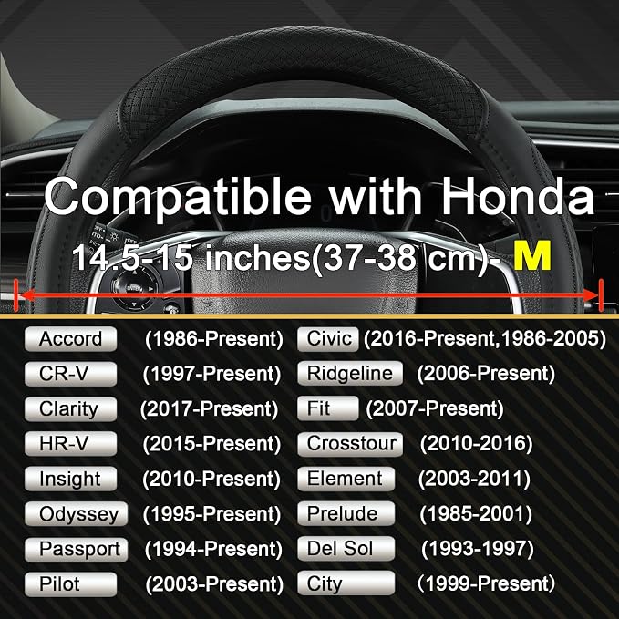 Customized Auto Car Steering Wheel Cover for Honda Accord Civic CR-V HR-V Pilot Fit Passport Odyssey 14.5-15inch(Black-Standard Size)