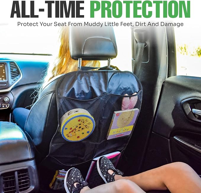 Back Seat Cover for Kids + 4 Pocket Storage Organizer, 2 Pack X-Large Waterproof Kick Mats Backseat Protector, Car Seat Back Protectors for Vehicles to Protect from Dirt, Mud & Scratches