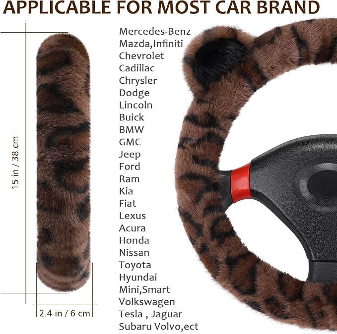 Fuzzy Car Steering Wheel Cover, Warm Fluffy Leopard Steering Wheel Cover with Cute Ears, Soft Plush Furry Car Accessories Decor for Women, Non-Slip Universal 15 inch Fit Vehicle, Truck, SUVs