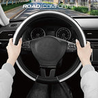 Leather Steering Wheel Cover – Black & Silver, Universal Fit 14.5-15 Inch, Microfiber Leather, Anti-Slip & Breathable Design for Men and Women