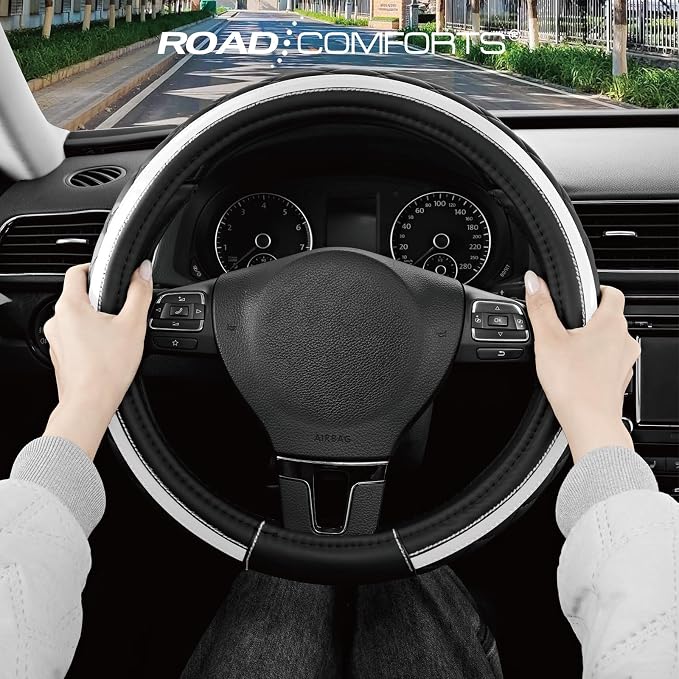 Leather Steering Wheel Cover – Black & Silver, Universal Fit 14.5-15 Inch, Microfiber Leather, Anti-Slip & Breathable Design for Men and Women