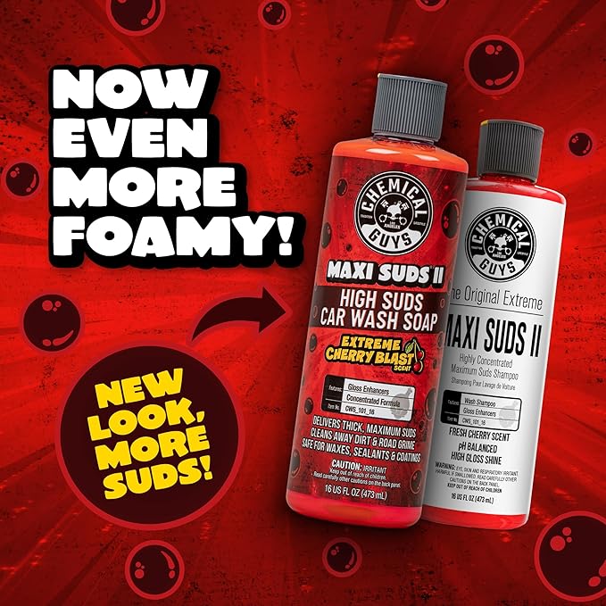 Maxi Suds II Cherry Scent Car Wash Soap and Chenille Microfiber Wash Mitt Bundle, High Foam Shampoo for Foam Cannons, Guns, and Buckets, Safe for All Paint - 64 Fl Oz