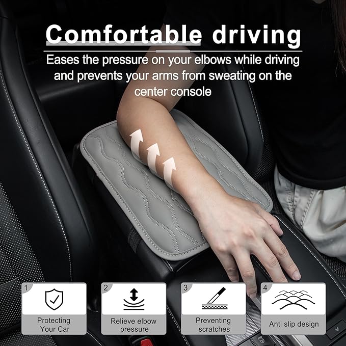 Car Center Console Cover, Upgraded Leather Car Armrest Cushion, Universal Waterproof Cushion Pad, Non-Slip Car Interior Accessories, Fits Most Sedans SUVs Trucks (Gray)