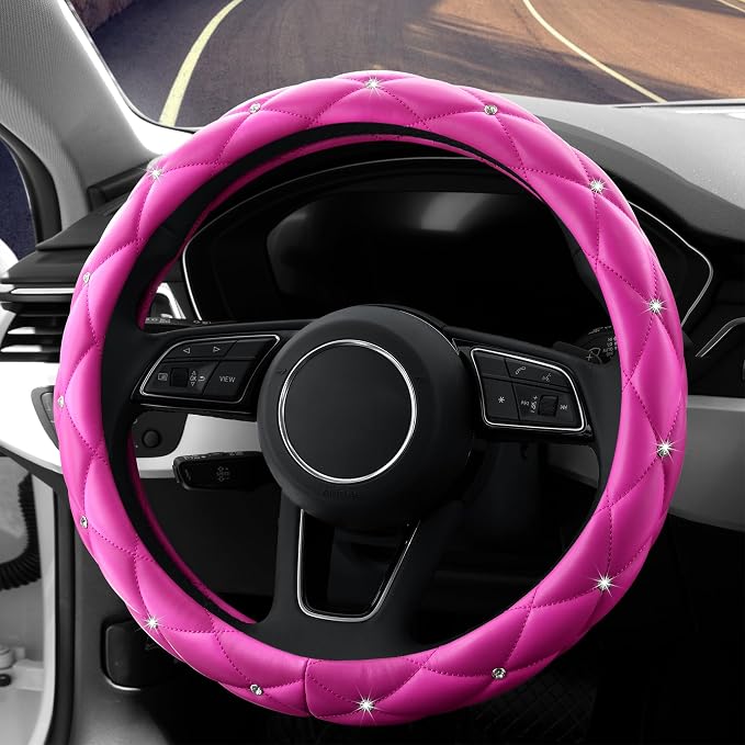 Cute Diamond Soft Leather Anti-Slip Steering Wheel Cover with Bling Bling Crystal Rhinestones, Universal 15 Inch for Women Girls, Fit Vehicles, Sedans, SUVs, Vans, Trucks - Hot Pink
