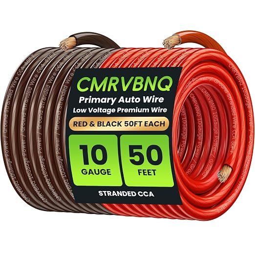 10 Gauge Battery Cable CCA Wire, 50FT Each Red Black Low Voltage Primary Automotive Power Ground Cable for Car Audio Amp Subwoofer RV Wiring