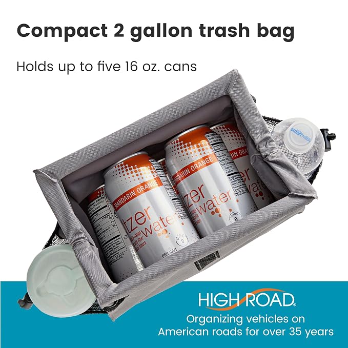 Car Organizer with Car Trash Bin and Tissue Holder - Holds Full Size Tissue Box, Bottles and Wipe Containers - 2 Gal Leakproof Covered Trash Can with Push-Close Lid