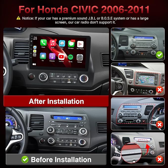Car Radio for Honda Civic 2006 2007 2008 2009 2010 2011 with Apple Carplay Android Auto 2+32GB 10.1" Touch Screen Stereo for Honda Civic with in-Dash GPS, WiFi, BT, DSP, Backup Camera, MIC