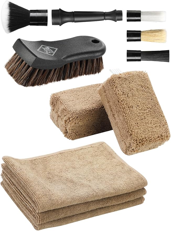 9PCS Car Interior Detailing Set, Microfiber Cloth & Applicator, Double-Head Detailing Brushes, Natural Bristles, Scratch-Free, Ultra-Soft for Seats Leather Care or Cleaning