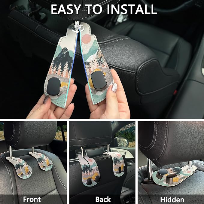 2PCS Car Seat Back Storage Headrest Hooks, Sunrise Purse Holder Bags Hanger, PU Leather Double Metal Hook for Backseat Organizer, Women Car Accessories Organization
