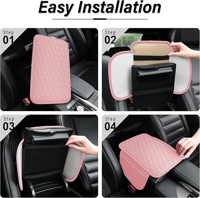 Car Center Console Cover, Upgraded Leather Car Armrest Cushion with 2 Storage Pockets, Universal Waterproof Cushion Pad, Non-Slip Car Interior Accessories, Fits Most Sedans SUVs Trucks (Pink)