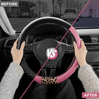 Steering Wheel Cover - Flat Bottom Wheel Cover Made with PVC Leather and Leopard Fabric - Universal Fit for 15-Inch D-Shaped Automotive Steering Wheels (Pink Color)
