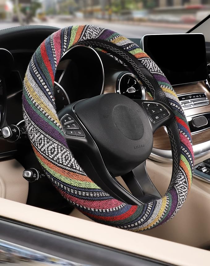 Boho Steering Wheel Cover with Baja Blanket Cloth, Ethnic Style Auto Wheel Cover Made of Coarse Flax, Fits 14 1/2-15 1/4 inches Car Wheel