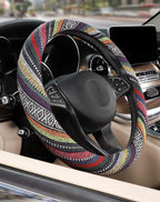 Boho Steering Wheel Cover with Baja Blanket Cloth, Ethnic Style Auto Wheel Cover Made of Coarse Flax, Fits 14 1/2-15 1/4 inches Car Wheel