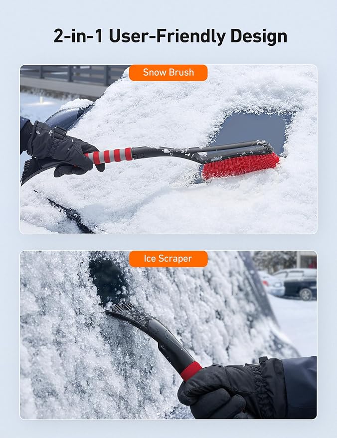 27" Snow Brush and Ice Scrapers for Car Windshield, Detachable Snow Scrapers with Ergonomic Foam Grip for Cars, Trucks, SUVs (Heavy Duty ABS, PVC Brush, Red)