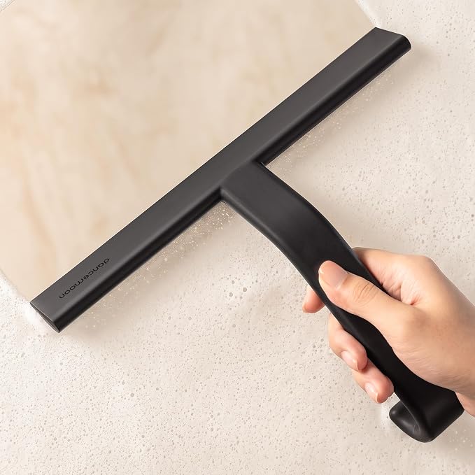 JustHang Shower Squeegee for Glass Doors, All-One-Piece Wider 12" Silicone Squeegee with Built-in Hook for Window, Mirror, Tile Wall, Car, Streak-Free Bathroom Cleaner Tool, 12-Inch Black