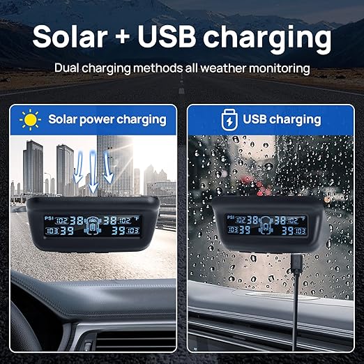 Tire Pressure Monitoring System, RV/Trailer TPMS with Solar Charging & Auto Calibration, M13 LCD Display tpms 4 sensors (0-99PSI)