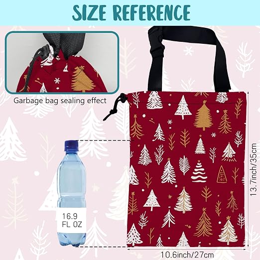 Car Garbage Bag White and Gold Xmas Trees Hanging Canvas Car Trash Bag Drawstring Car Back Seat Organizer for Car Back Front Seat Console with Adjustable Buckle
