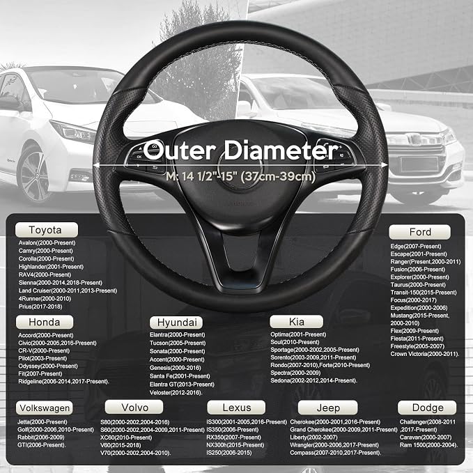 Car Steering Wheel Cover for Medium Standard Size Steering Wheels with 14 1/2-15 inches Outer Diameter, Black and Gray Microfiber Leather