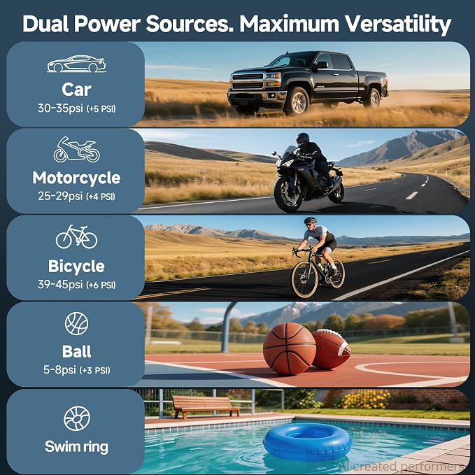 Tire Inflator Portable Air Compressor, Lightning-Fast Inflation, Dual Power - 6000mAh & 12V DC, Cordless Air Pump for Car Tires, Bikes, Motorcycle, Balls with LED & Digital Pressure Gauge