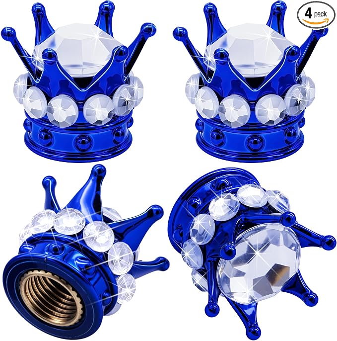 4PCS Crown Bling Tire Stem Valve Caps, Crystal Diamond Car Wheel Tire Valve Caps Universal Copper Core Stem Covers for Cars, SUV, Trucks, Bikes, Motorcycles, Bicycles (Blue & Silver)